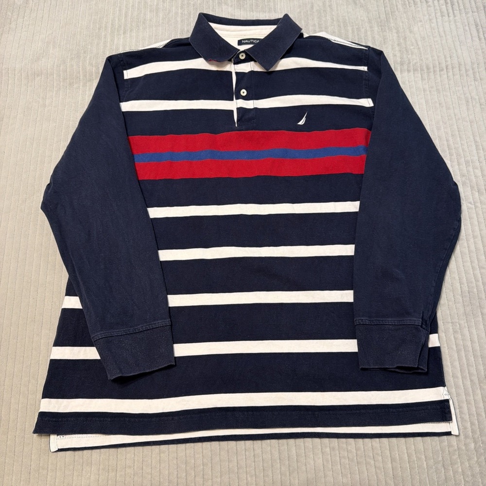Nautica Rugby Polo Shirt Mens XL Striped Long Sleeve Vintage Blue white red